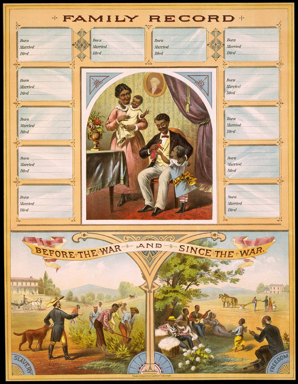 Een diagram dat twee boerderijen toont die slavernij en vrijheid vergelijken. Bovenste deel gereserveerd voor het registreren van familieverjaardagen. Gravure ca. 1880 door Unknown artist