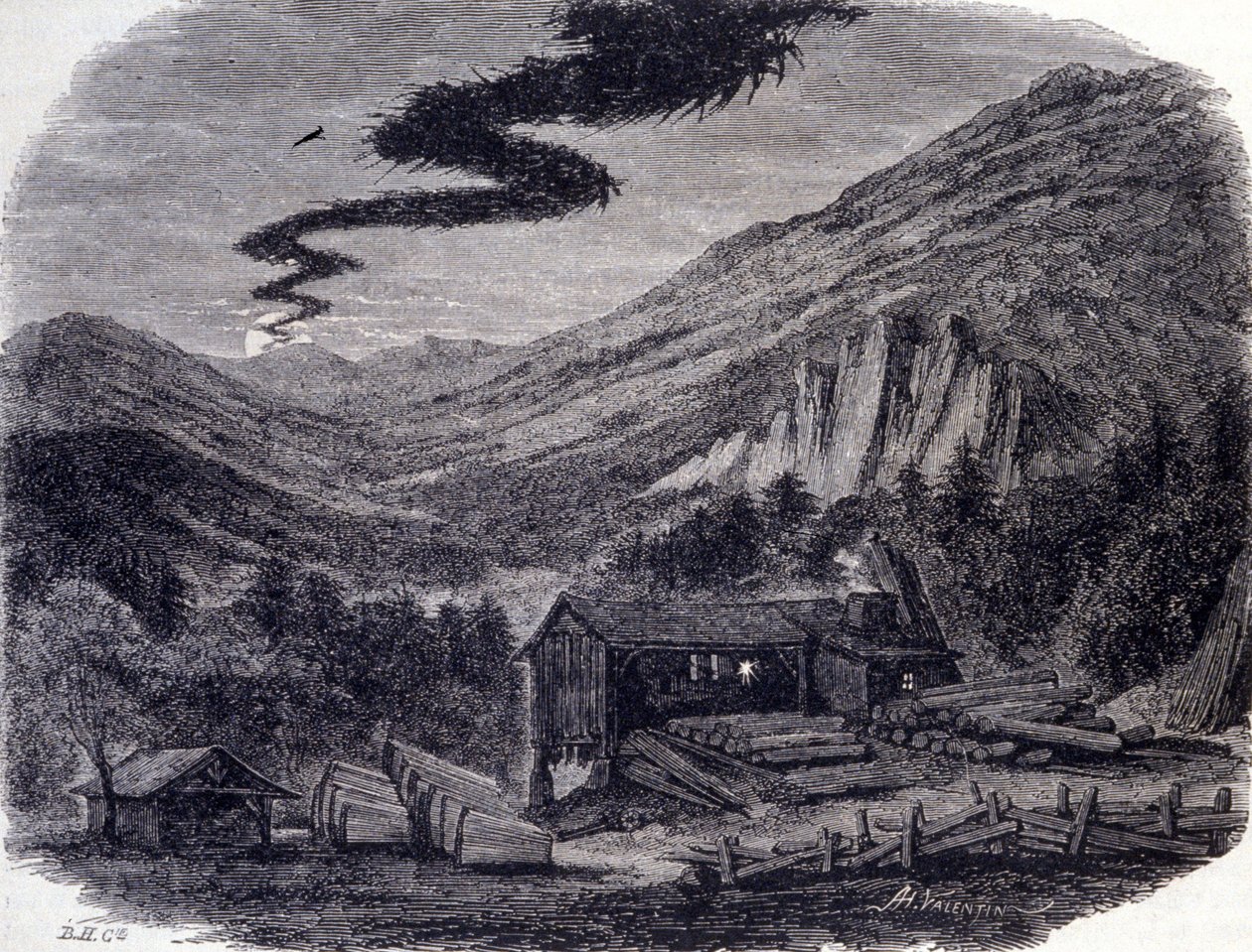 Een fantastische jacht of Menee in de Vogezen, een nachtelijke storm die volgens volkslegendes zich manifesteert na een vloek of een sabbat van heksen. Gravure uit de 19e eeuw door Unknown artist