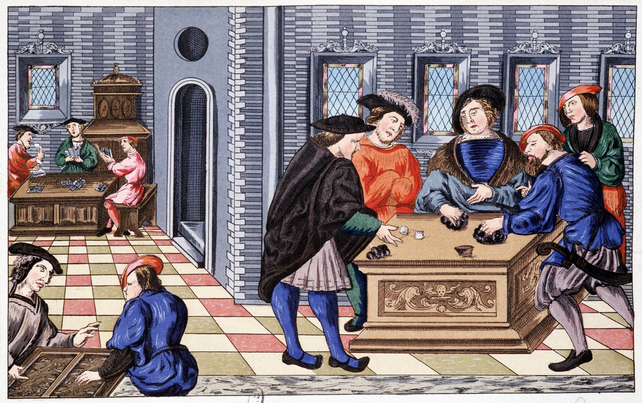 Een speelhuis in de Renaissance gebaseerd op een miniatuur over Vellum: spel vanaf nu. Chromolithografie 19e eeuw door Unknown artist