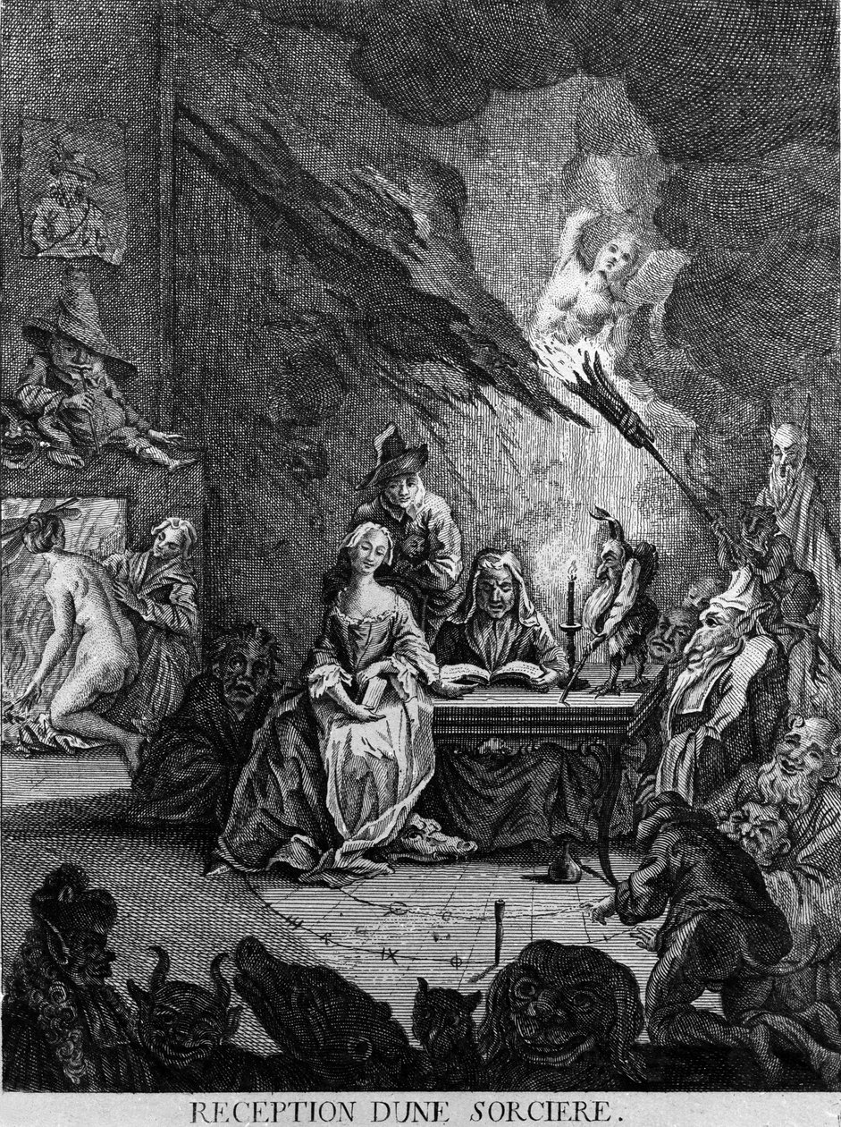 Een meisje wordt ontvangen door een heks, omringd door monsterlijke wezens (bij een inwijdingsceremonie?). Gravure uit de 17e eeuw door Unknown artist