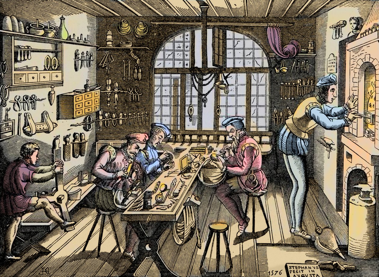 Een goudsmid werkplaats - Ambacht: zicht op de werkplaats door Etienne Delaune (1518-1583), goudsmid, Franse drukker. Gravure naar een origineel uit 1576 door Unknown artist