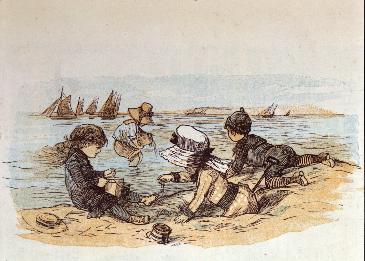 Een groep kinderen die bij het water op het zand spelen. 1881 door Unknown artist