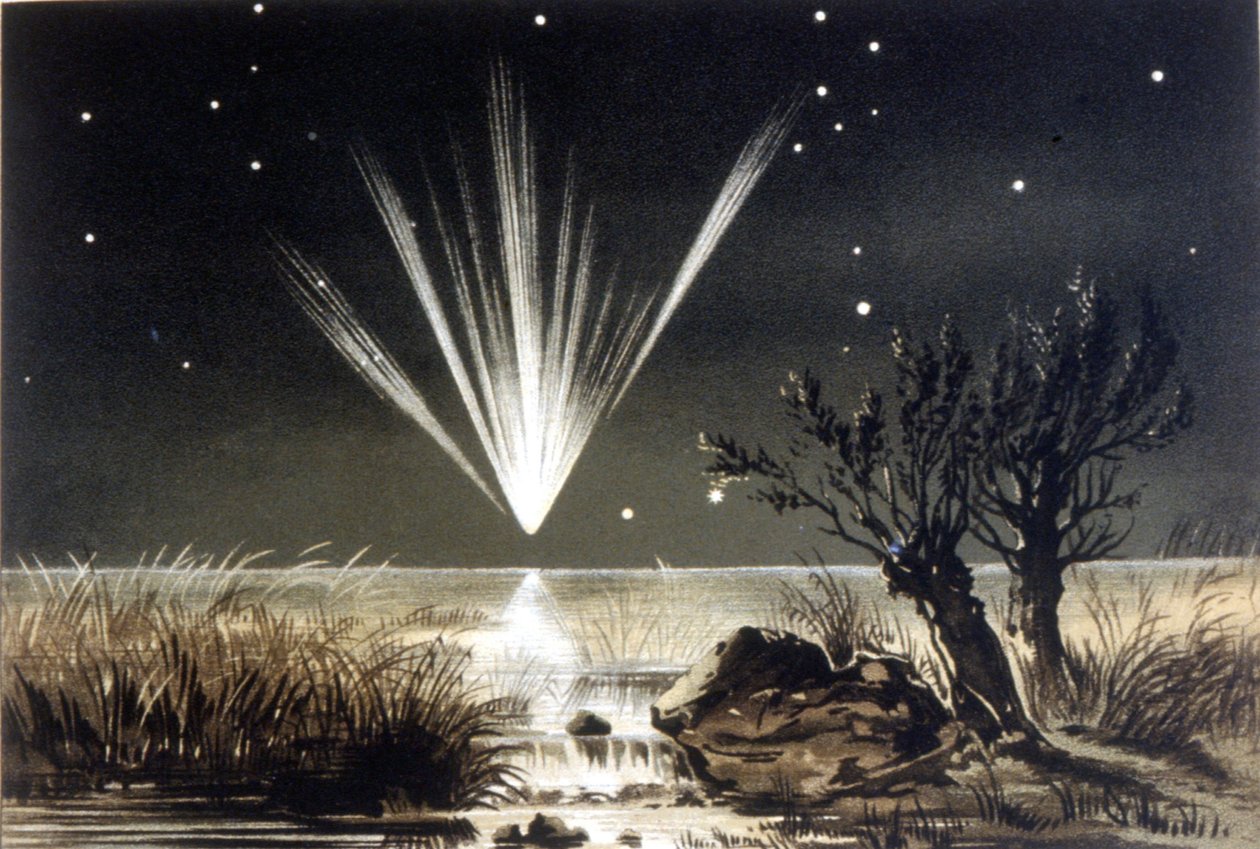 Een meteoriet valt in zee. Kleurenlithografie uit het einde van de 19e eeuw door Unknown artist