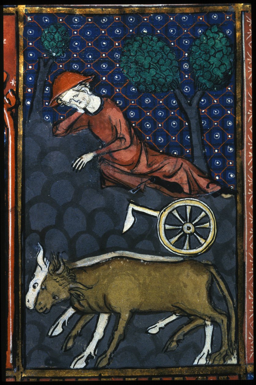 Een boer rust uit, naast hem ossen en een miniatuurploeg uit de 14e eeuw. door Unknown artist