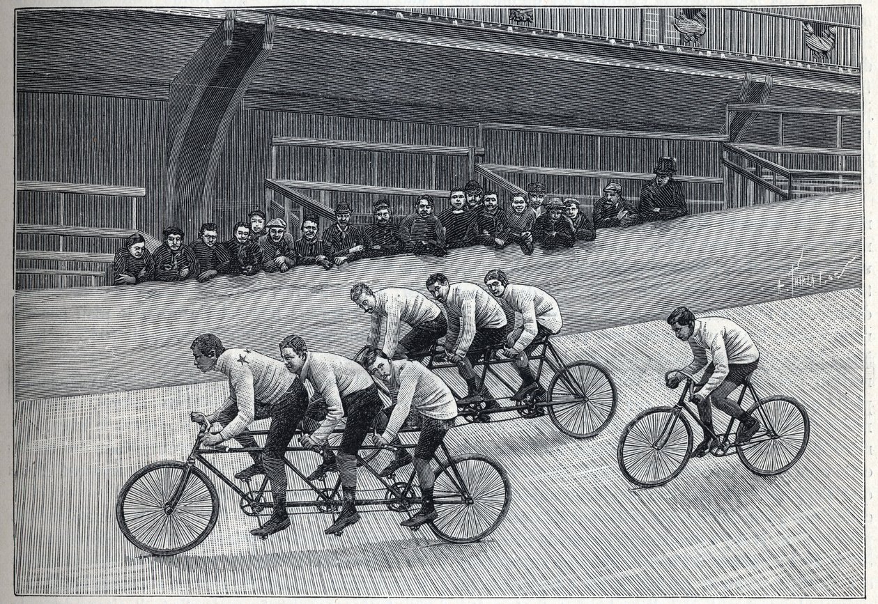 Een recordman-fietser met zijn trainers op tripletreinen op een fietsbaan. Gravure in "La Nature" door Unknown artist