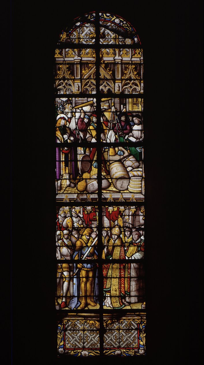 Een recht op gewichten en maten, gegarandeerd door de aanwezigheid van een geschikte controleur (boven). Chilperic verwelkomd door de bisschop van Doornik na de nederlaag door zijn broer Sigebert (onder). Glas-in-lood in de kathedraal van Doornik: rechter  door Unknown artist