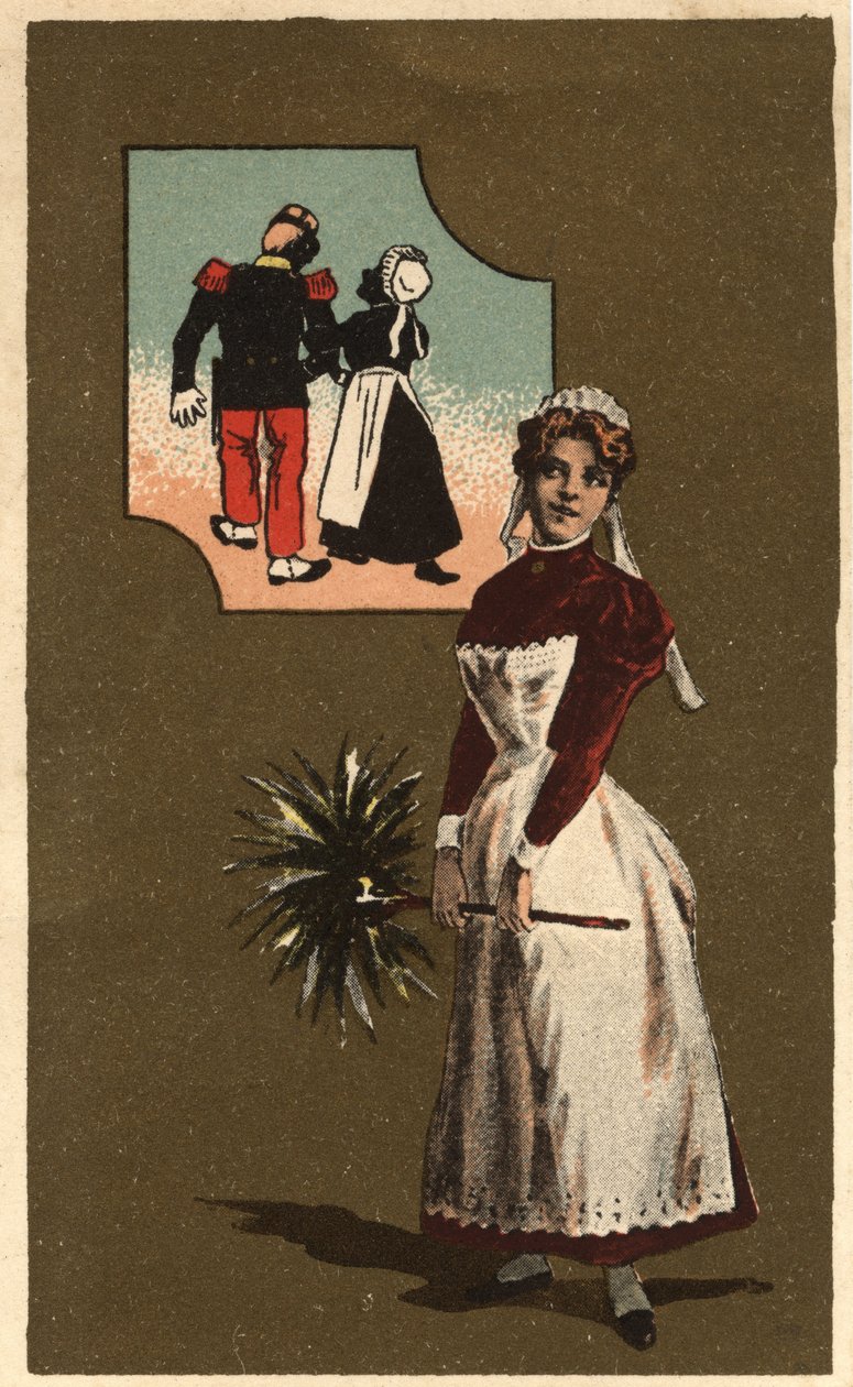 Een dienstmeisje met een veer. Ze droomde van de arm van een knappe soldaat. Anonieme chromolithografie, eind 19e eeuw. door Unknown artist