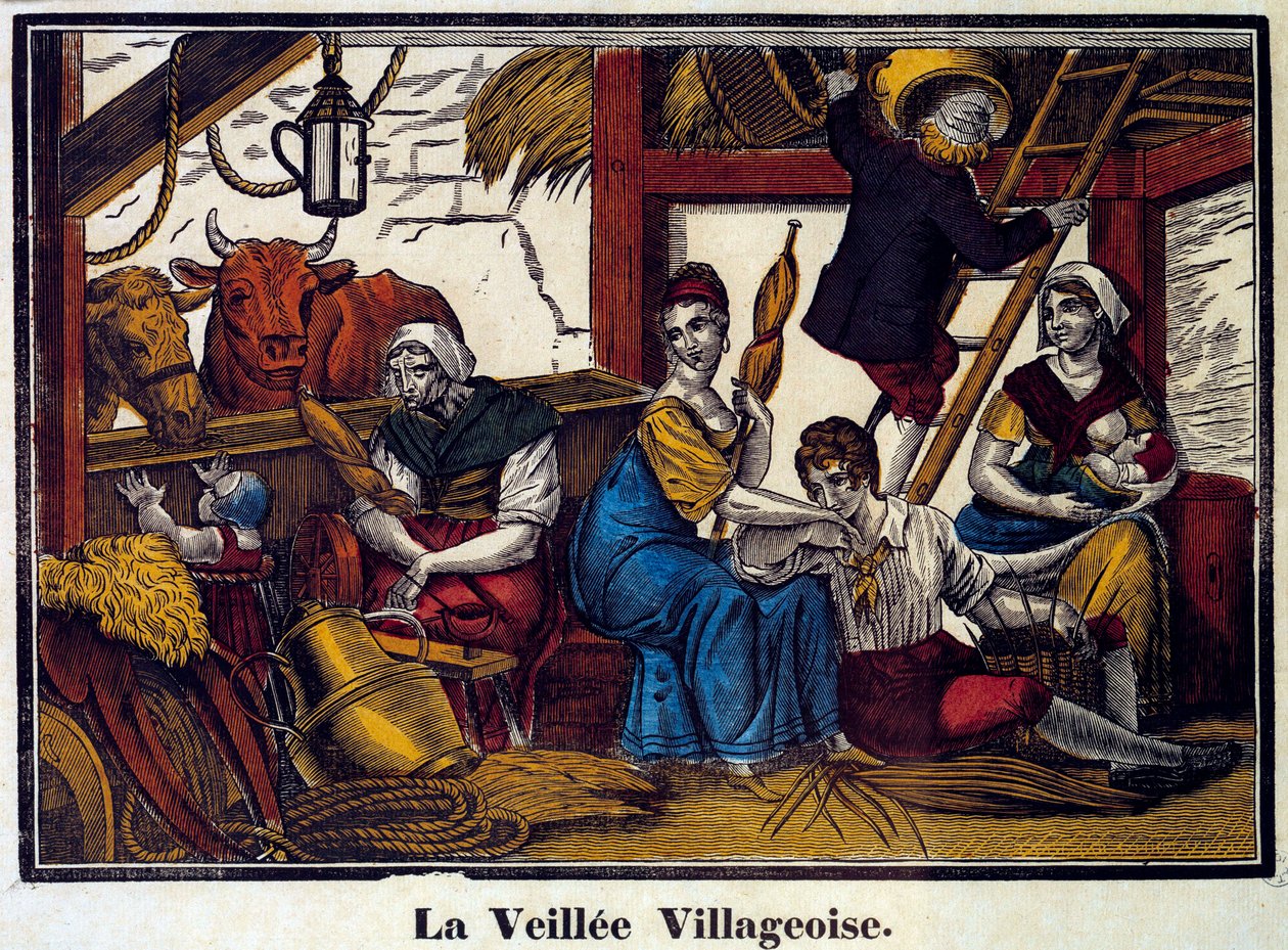 Een dorpsnachtleven: een boerenfamilie in een schuur door Unknown artist