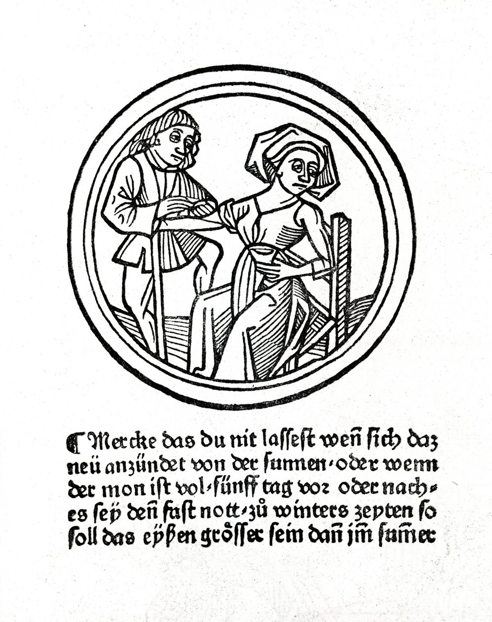 Het bloeden van een vrouw. Houtsnede in ""Buch de Surgery"" door Hyeronimus Braunschweig. Straatsburg 1497 door Unknown artist