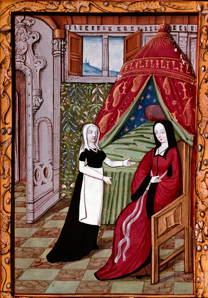 Een jonge vrouw waarschijnlijk Louise Laval (overleden 1480) in haar slaapkamer met haar dienstmeid. Miniatuur uit 