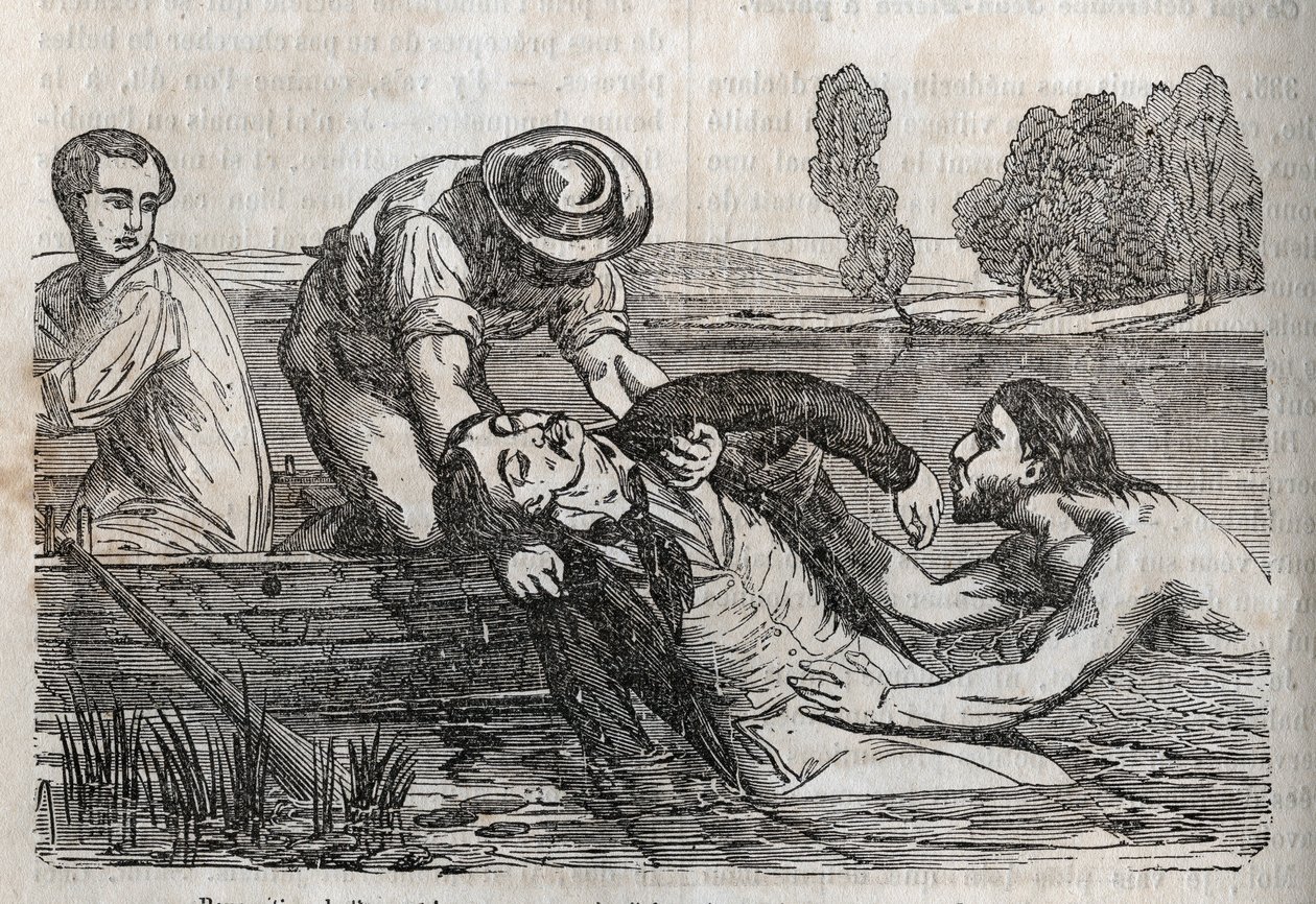 Ongevallen geneeskunde - over de meest effectieve hulp aan drenkelingen - om een drenkeling uit het water te halen, moet je dit zo handig mogelijk doen - gravure in 