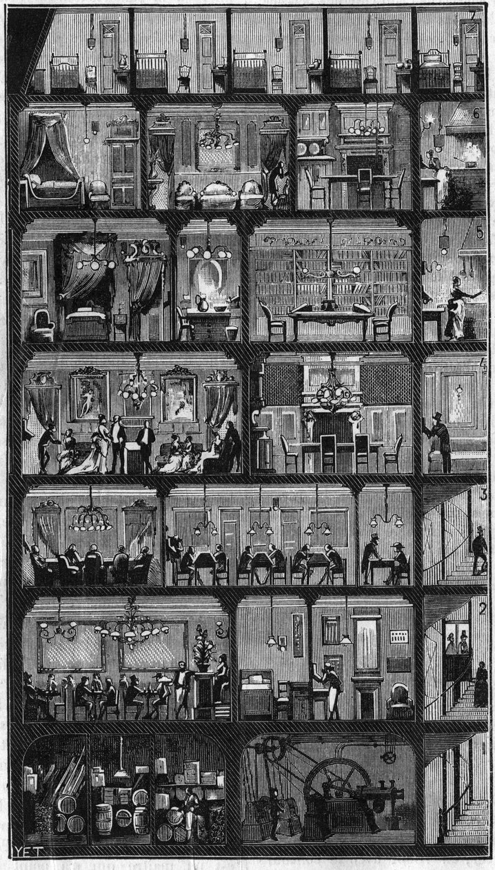 Accommodatie in Parijs - Doorsnede van een Haussmann-gebouw in Parijs in 1885. Bovenverdieping de goede kamers en op de andere verdiepingen, kantoren, appartementen en ontvangstruimte (vergadering). Gravure in 