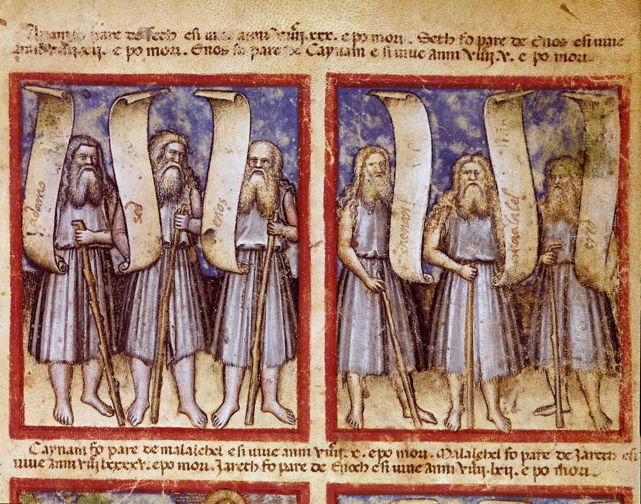 De genealogie van Adam wordt gevolgd door Seth, Enoch, Kenan, Mahalalel en Jared, de grote patriarchen van de Miniatuur Bijbel uit codex 212 (of Padovano of Bijbel van Padua) 1390-1400 door Unknown artist