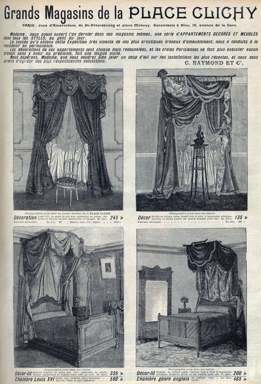 Reclame voor meubels en decoraties van de warenhuizen van de Place de Clichy in Parijs. Gravure in 