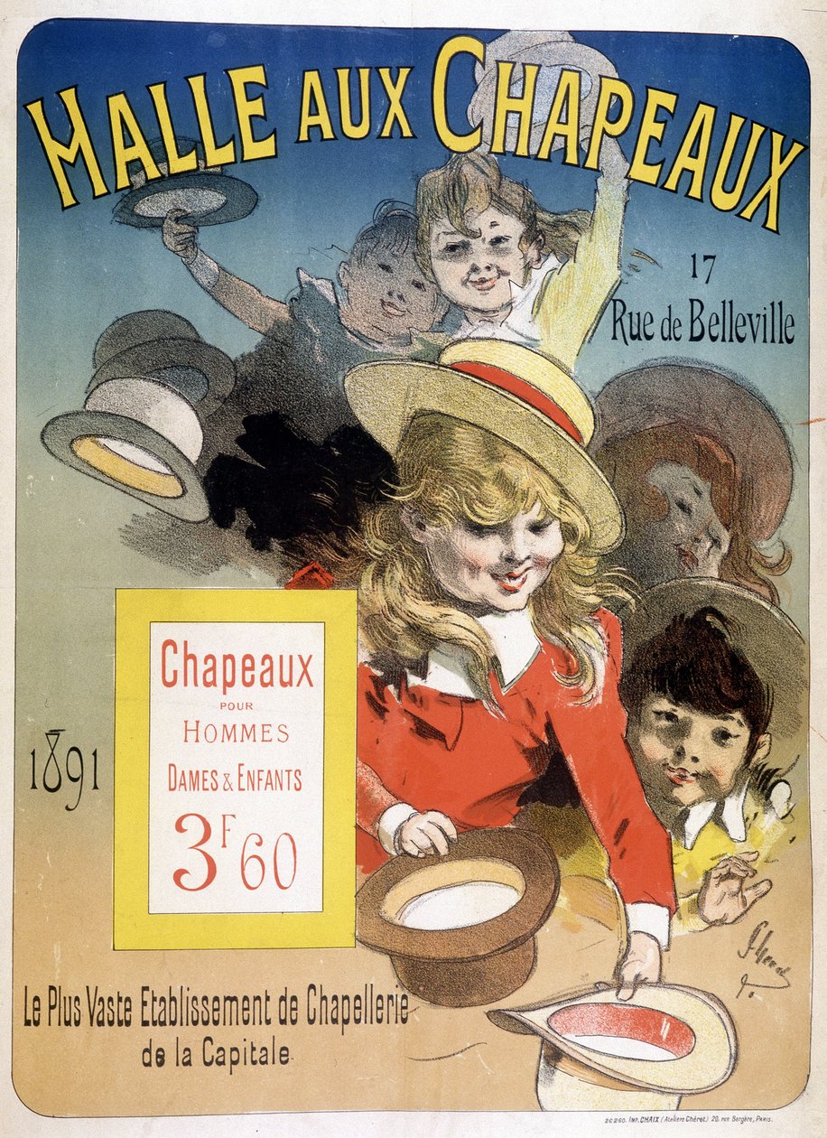 Reclameposter voor de "Halle aux hats", rue de Belleville in Parijs door Unknown artist