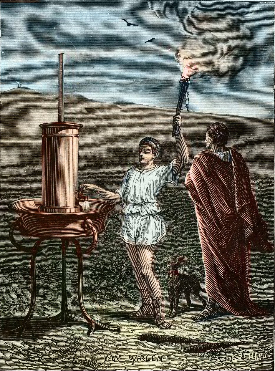 Aeneas Tacticus of de Tacticus uitvindt gefaseerd signaleringssysteem 336 v.Chr. - Aeneas de Tacticus uitvindt de kunst van phrasiques signalen in 336 v.Chr. door Unknown artist