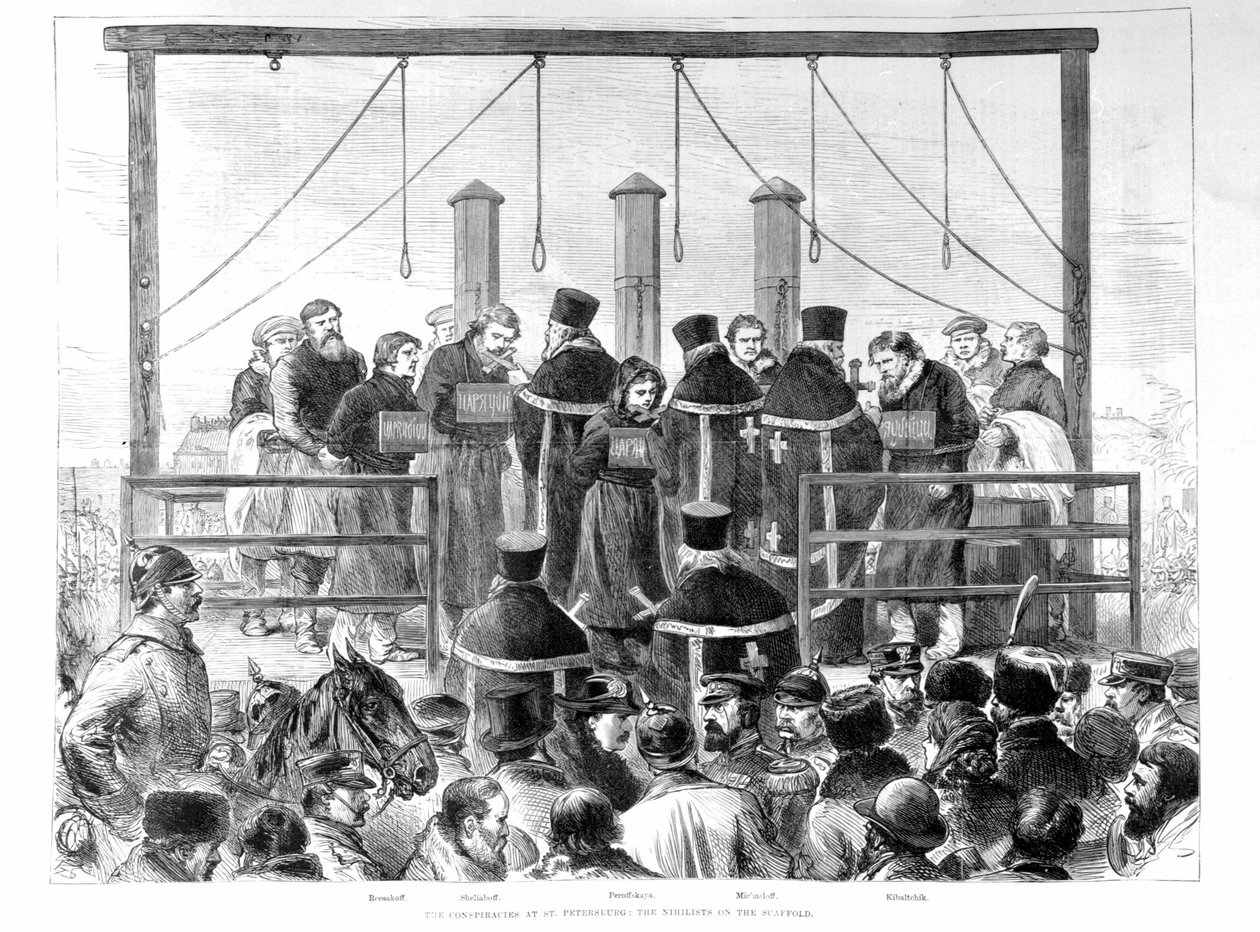 Na de aanslag op Alexander II worden de gearresteerde nihilisten opgehangen. door Unknown artist