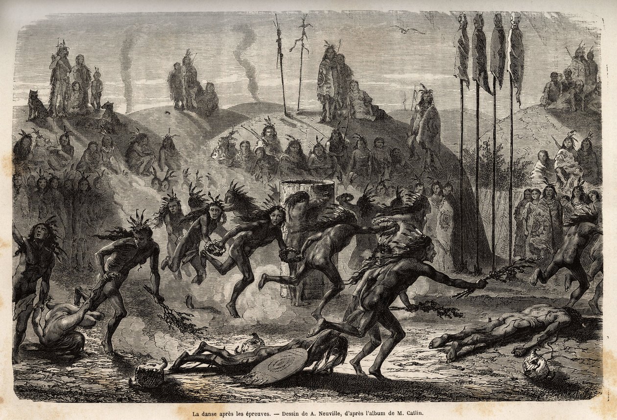 Na de ceremonie van zelfovergave aan de Grote Geest, omarmen de jonge krijgers een uitzinnige en uitbundige dans, de zwaksten worden over de grond gesleept, onder de Mandan-indianen (of noumah ka kie: fazanten), aan de linkeroever van de Missouri. Gravure  door Unknown artist