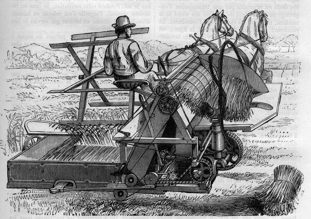 Landbouw en landbouwmachines: een nieuwe maaidorser getrokken door paarden die automatisch de schoven binden in de velden. Gravure in La Nature door Unknown artist