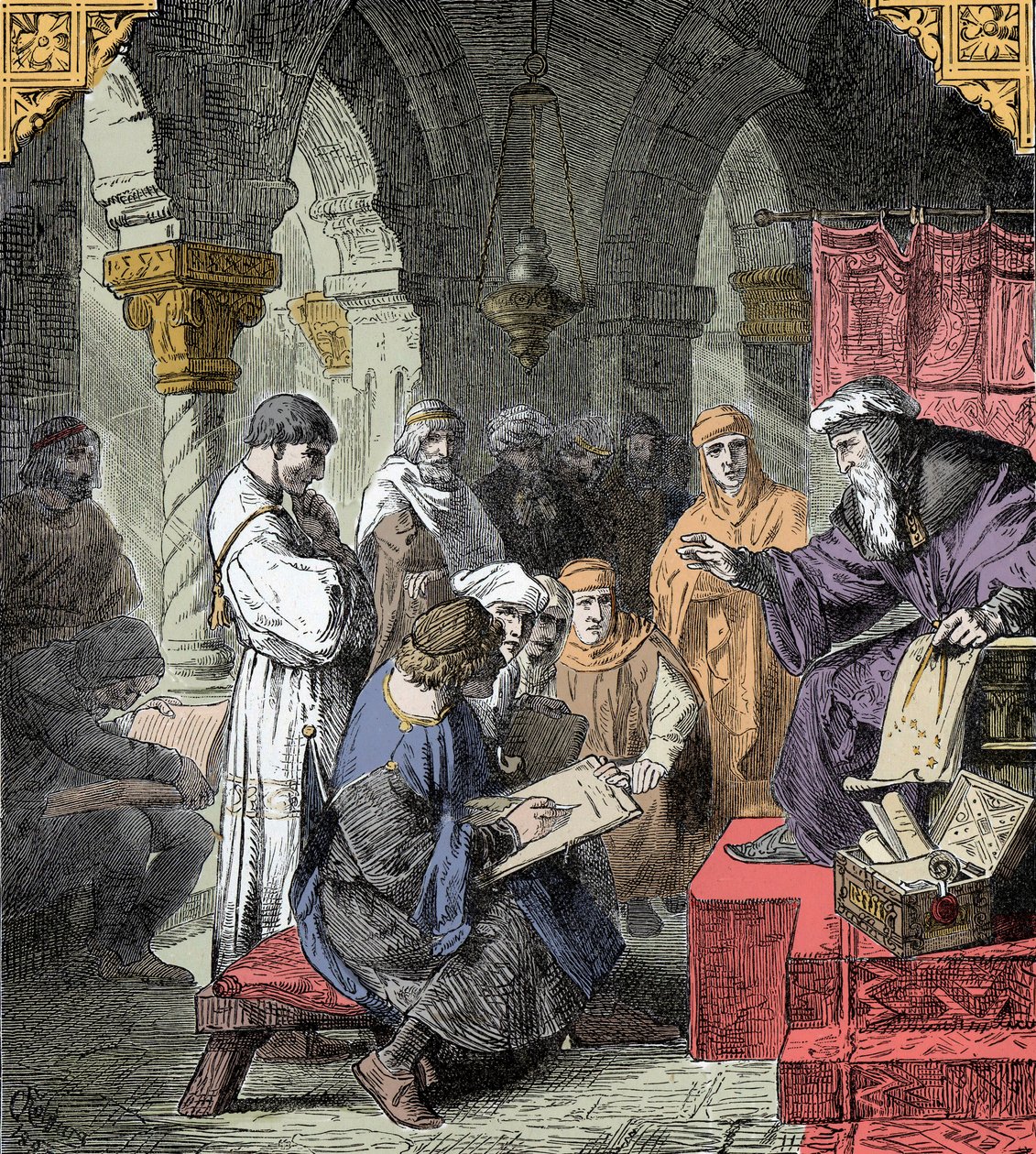 Alchemie en astrologie onderwezen in de scholen - Wetenschappelijk onderwijs in de middeleeuwen: een leraar geeft een lezing over astronomie en alchemie aan jongeren door Unknown artist