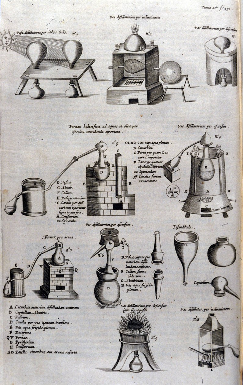 Alchemie: bord dat verschillende modellen van distillatieapparatuur en alambieken voorstelt. Athanase Kircher (1602-1680), Duitse jezuïet. 17e eeuwse gravure door Unknown artist