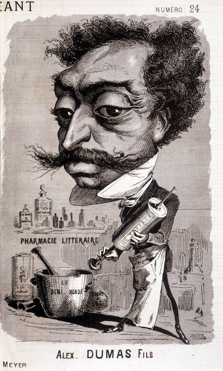 Alexandre Dumas Fils en zijn "literaire apotheek" - in "Le Géant" van 02/08/1868 door Unknown artist
