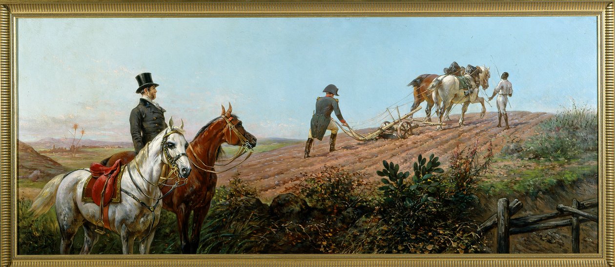 Allegorie die Napoleon uitbeeldt die ploegt onder toezicht van zijn zwarte dienaar in St. Helena, olieverf op doek door Olivier Pichat (1825 - 1912) door Unknown artist