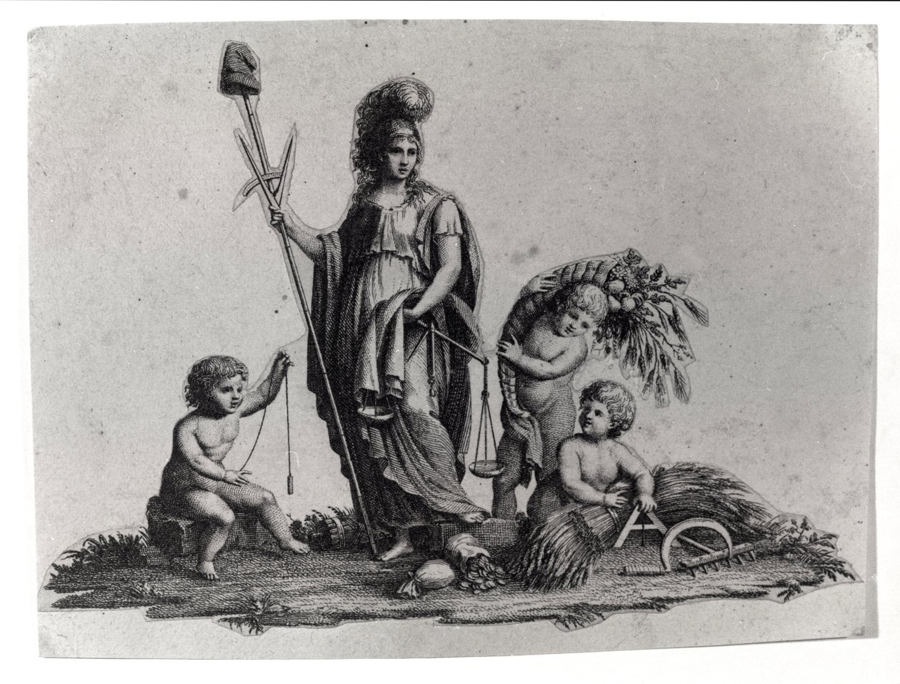Allegorie van de Cisalpijnse Republiek (Cisalpina) opgericht door Napoleon Bonaparte op 27/06/1797 naar Frans model in Italië, die in 1802 de Italiaanse Republiek werd. De symbolen van de Franse Republiek zijn vertegenwoordigd. Gravure Museo del risorgimen door Unknown artist