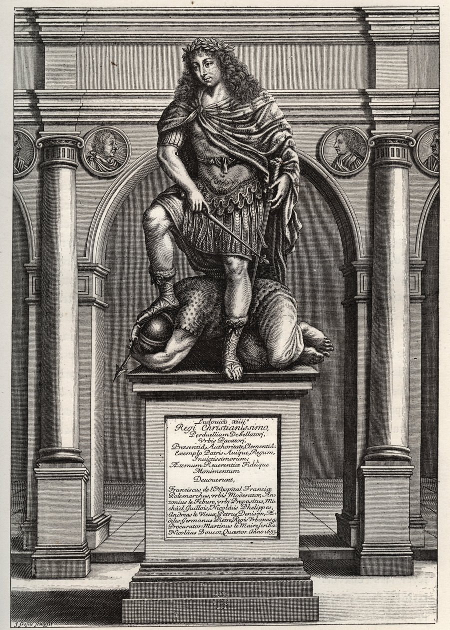 Allegorie die koning Lodewijk XIV (1638-1715) voorstelt terwijl hij zijn vijanden verplettert. Gravure door J. Frosne uit 1653. Privécollectie. door Unknown artist