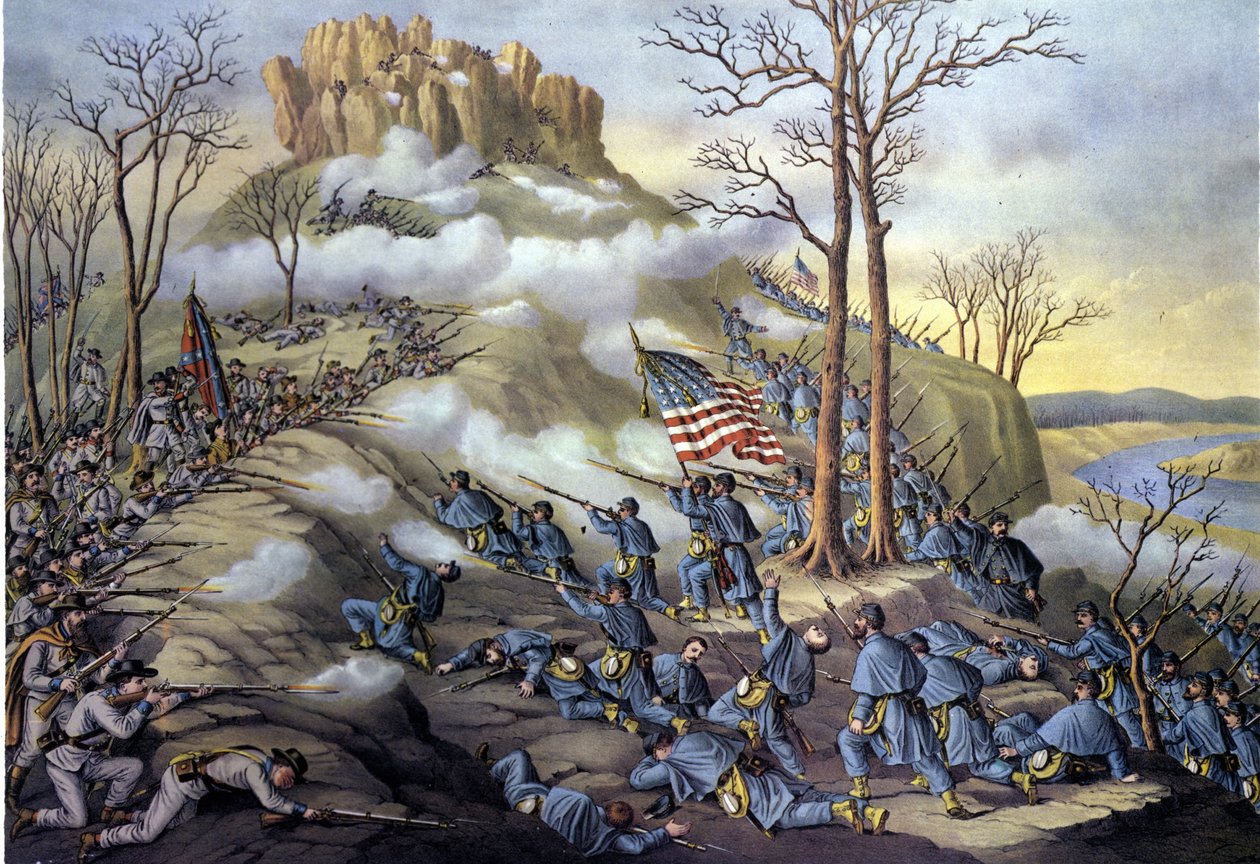 Amerikaanse Secessieoorlog of Burgeroorlog (1861-1865): Slag bij Lookout Mountain in Tennessee (23 november 1863, gravure uit de 19e eeuw) door Unknown artist