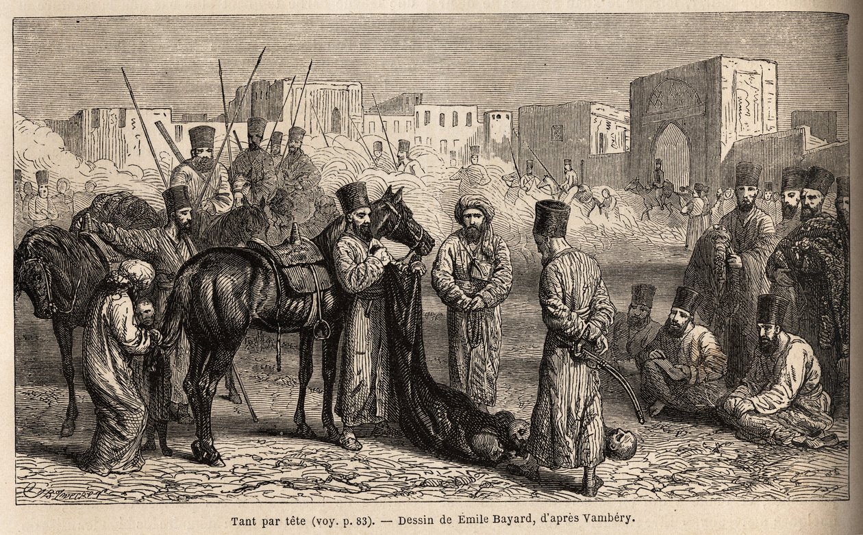 Een accountant van de Khan ontvangt de levering van de hoofden van vijanden en gijzelaars door Unknown artist
