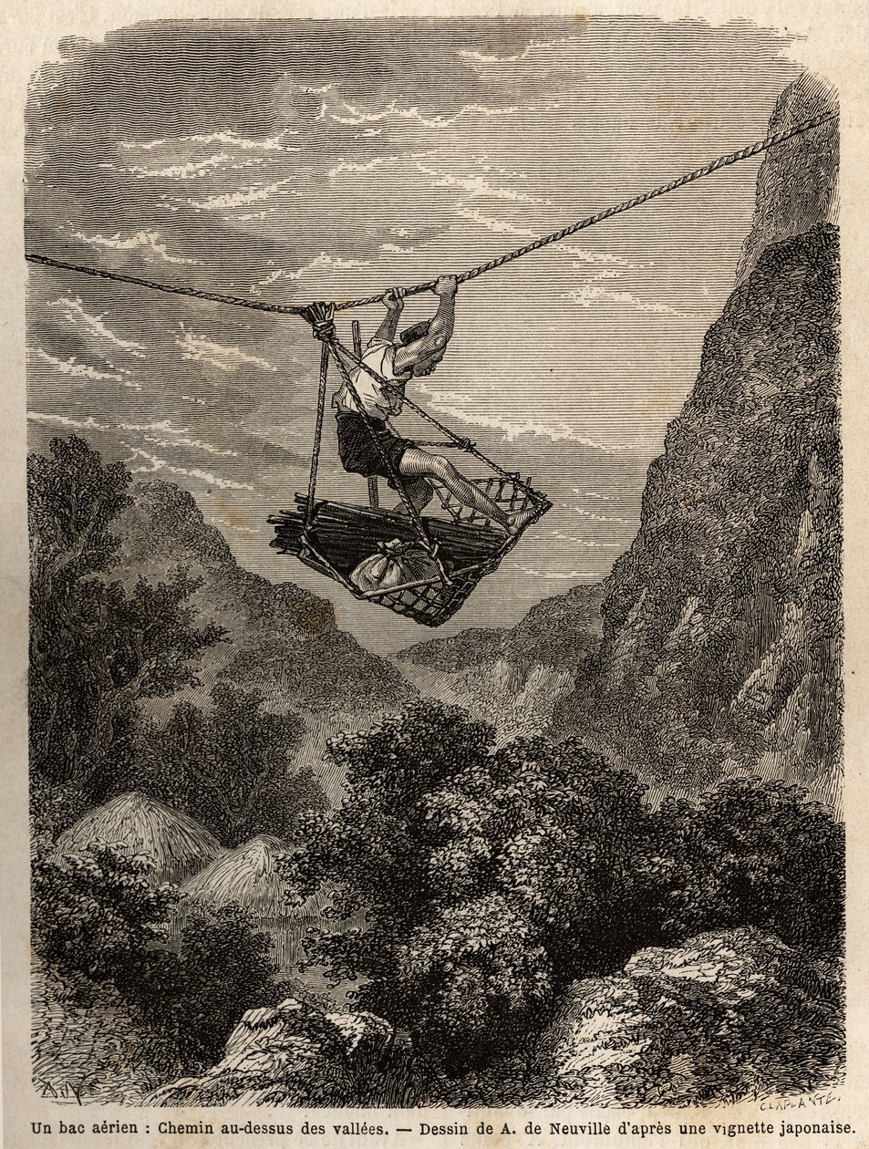Een luchtveer, pad boven de valleien, een soort touwmand is opgehangen aan een touw, voor het transport van mensen en materialen. Gravure ter illustratie van de reis naar Japan door Unknown artist