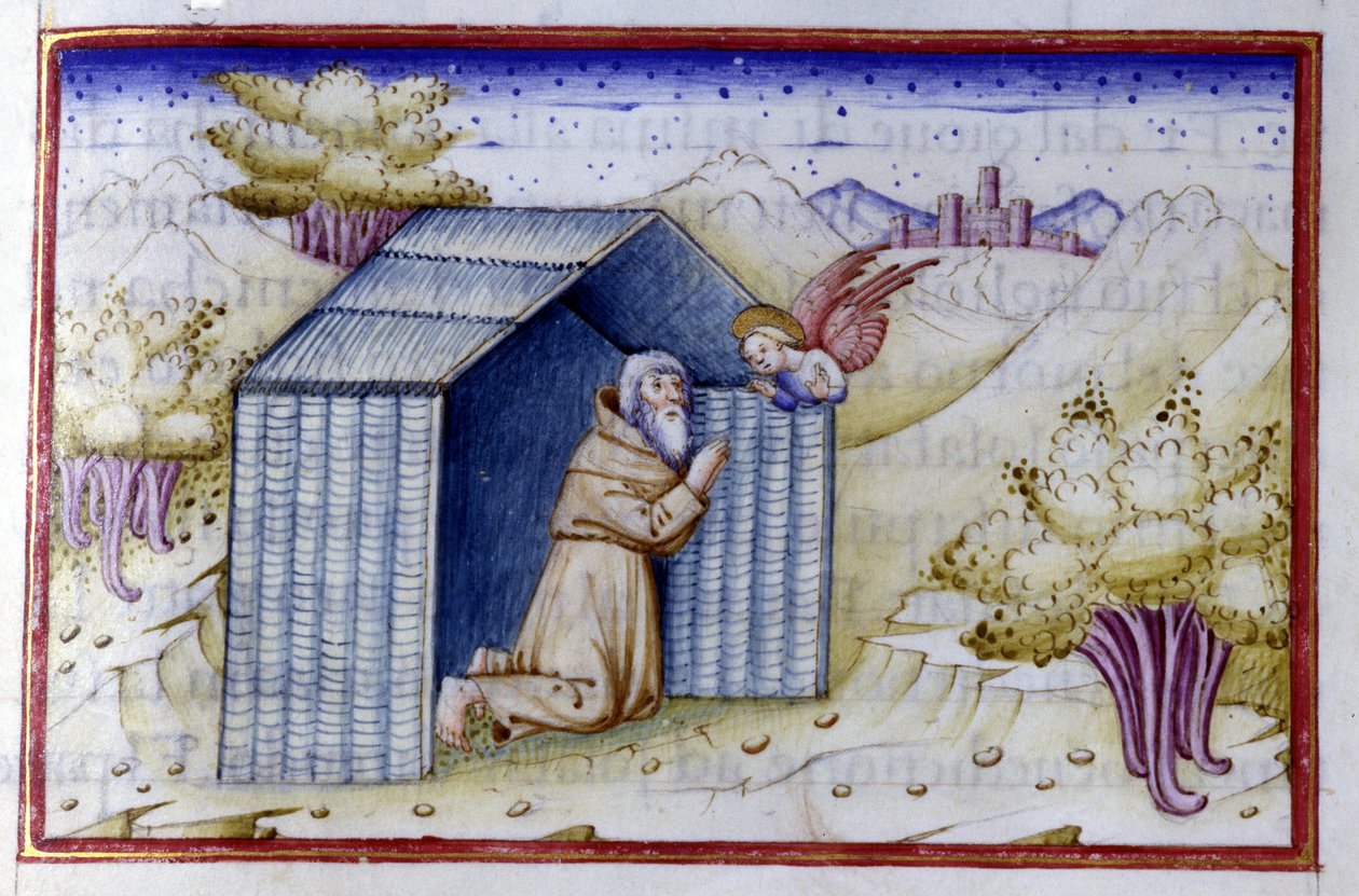 Een engel bezoekt een kluizenaar. 15e-eeuws manuscript. Bibl. Nazionale Braidense door Unknown artist