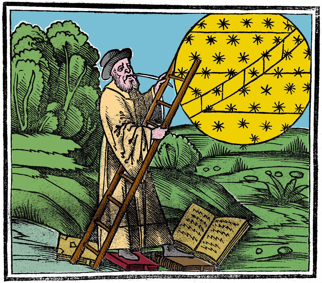 Een astronoom die een ladder plaatst om in de hemel te klimmen door Unknown artist