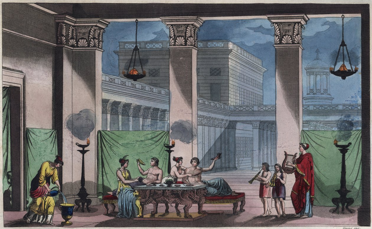 Oud Griekenland - Het Triclinium - gravure uit 