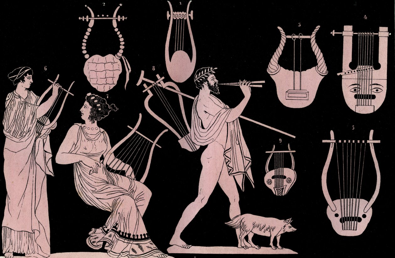 Oud-Grieks muziekinstrument: Lier en Cithara - gravure uit Usi e Costumi di Tutti i Popoli dell