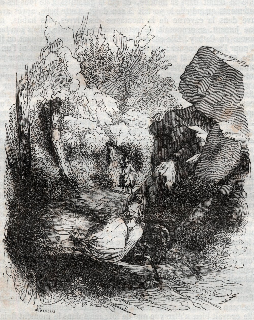 Angelique (Angelica) vlucht voor de oude kluizenaar - gravure van 1851 uit 