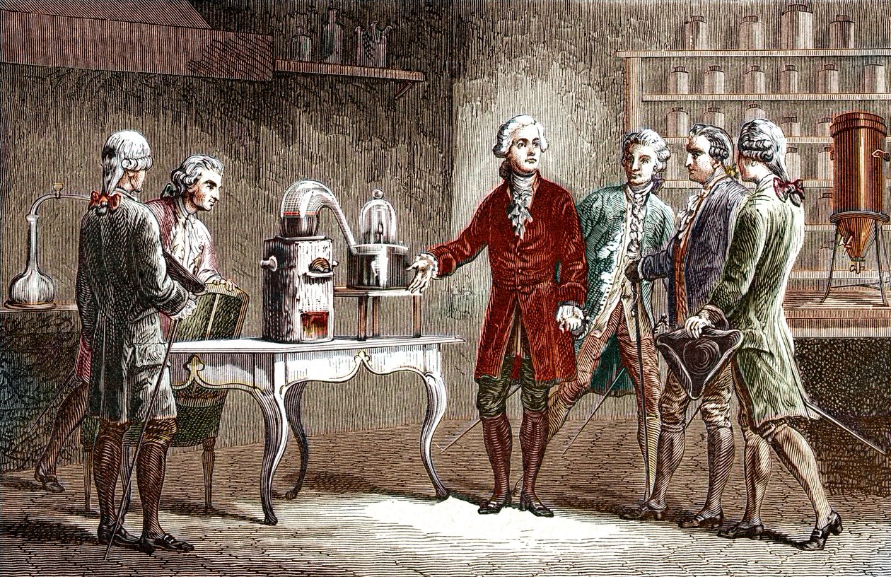 Antoine Laurent Lavoisier (1743-1894) voert de ontleding van lucht uit in 1776 - Antoine Laurent Lavoisier Engelse chemicus, toont collega-wetenschappers zijn experiment dat de samenstelling van lucht onthulde in 1776 - Gravure van Louis Figuier door Unknown artist