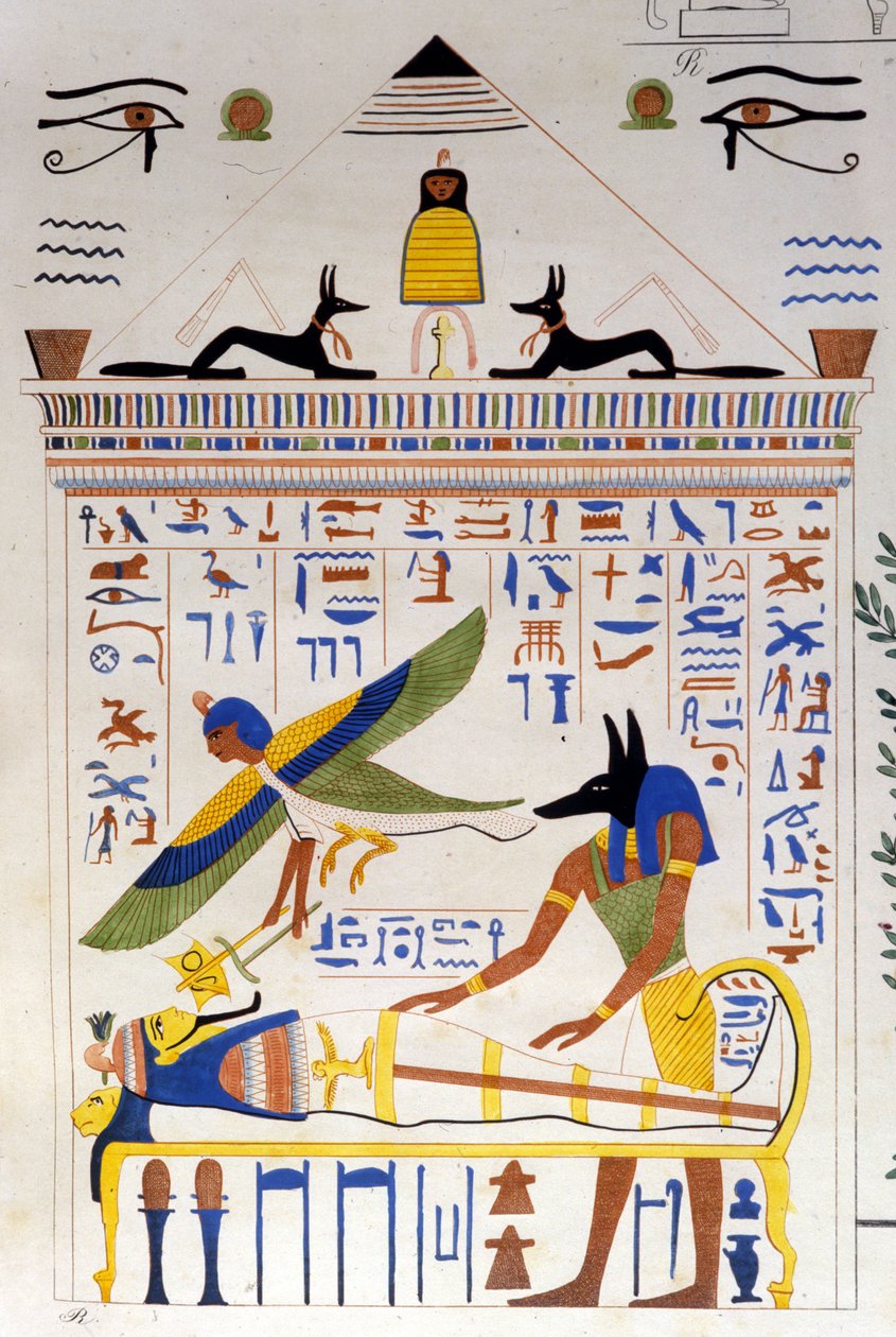 Anubis zorgt voor de mummie terwijl de ziel van de overledene vliegt voor transmigratie - in “Monumenten van Egypte en Boven-Nubië” door Ippolito Rosellini door Unknown artist