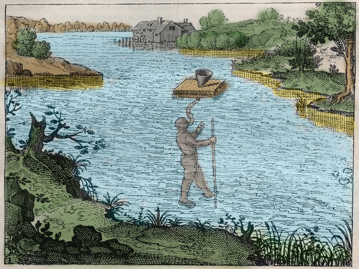 Apparaat om duikers onder water te laten ademen - Een methode die door de ouden werd gebruikt om rivieren over te steken gravure in 