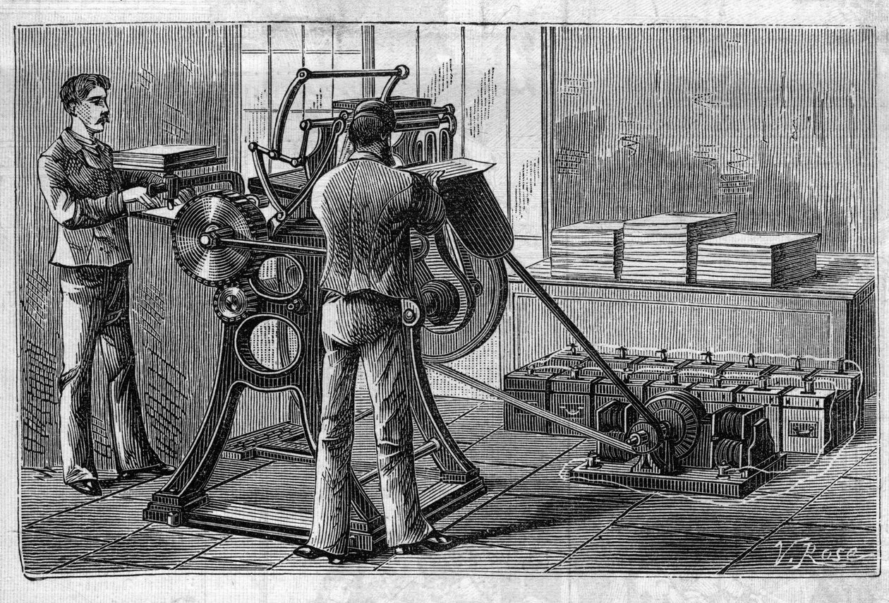 Toepassing van Faure-batterijen: printer aangedreven door de accumulator. Gravure in 