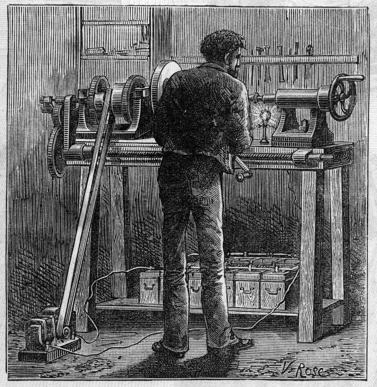 Toepassing van Faure-batterijen: draaibank van een ambachtsman aangedreven door de accumulator. Gravure in 