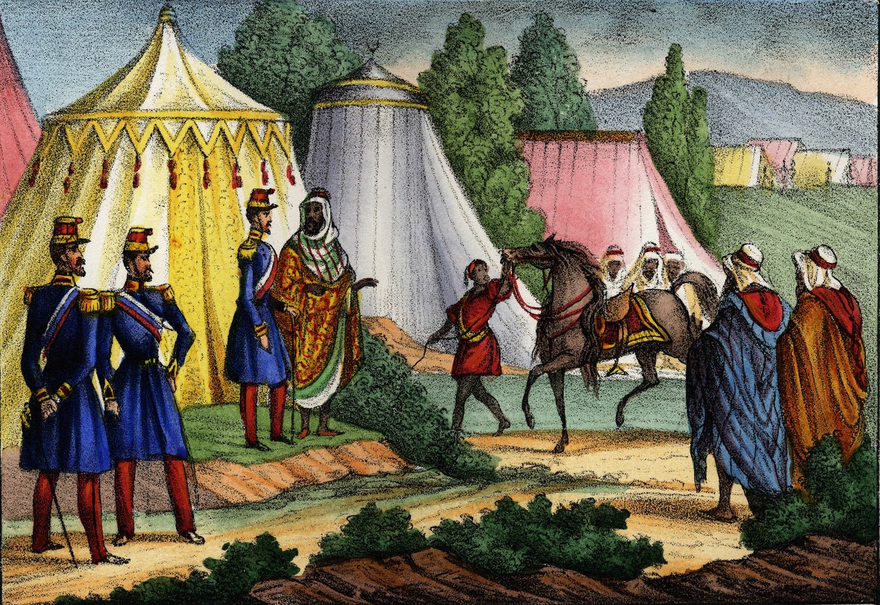 Arabische leider biedt een paard aan een officier van het Franse leger van Afrika, Algerije door Unknown artist