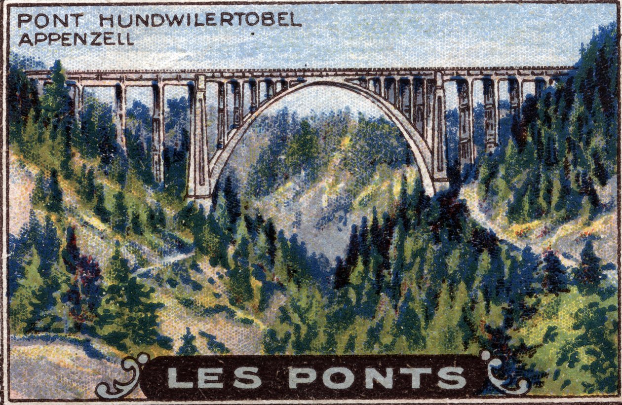 Architectuur en civiele techniek: weergave van de Hundwilertobel brug in het kanton Appenzell, Zwitserland, serie over bruggen, begin 20e eeuw (chromo) door Unknown Artist
