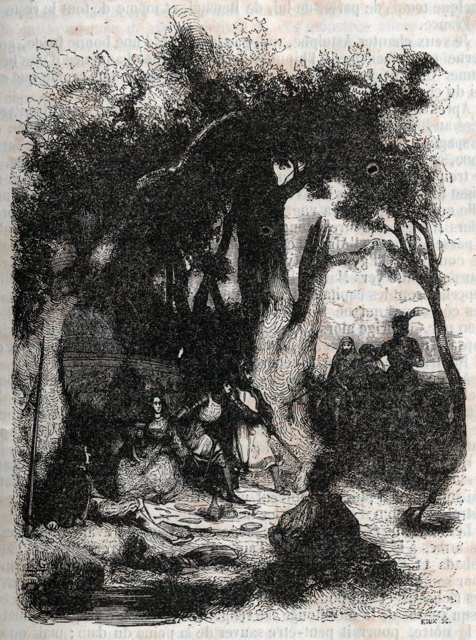 Aankomst van Rodomont en Mandricard bij de fontein van Merlin - gravure van 1851 uit 