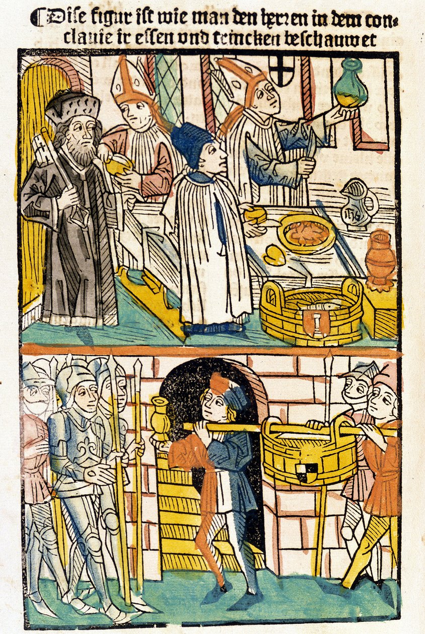 Aankomst van voedsel zodat de leden van de Raad van Konstanz (1417) tijdens welke paus Martinus V werd gekozen, konden eten. 