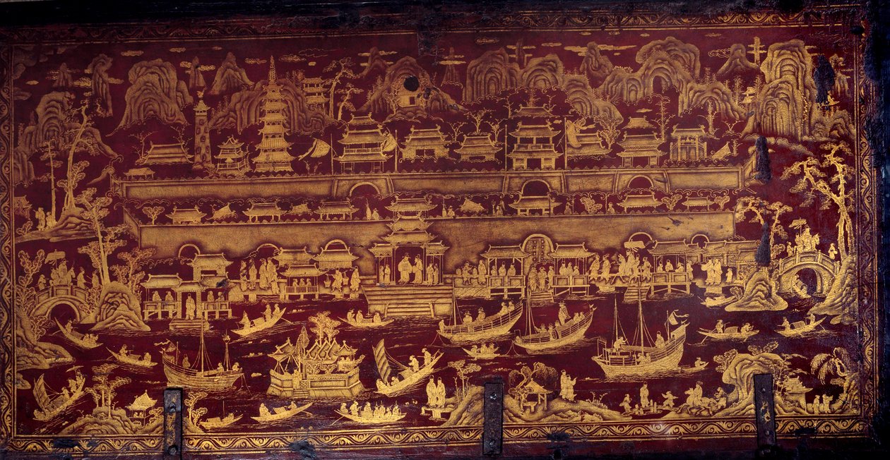 Aankomst van de Portugezen in Nanjing (Nanjing of Namquin), China. Doosdeksel bedekt met rode en gouden verf. 17e eeuw door Unknown artist