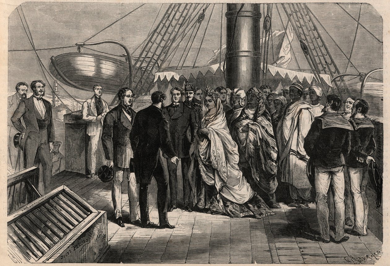 Aankomst in Marseille van Zombe-Fatoum (1836-1878), Koningin van Moheli op de Comoren. Ze wordt ook wel Djombe-Fatouma of Jumbe Fatouma of Jumbe Fatima genoemd. Gravure in 