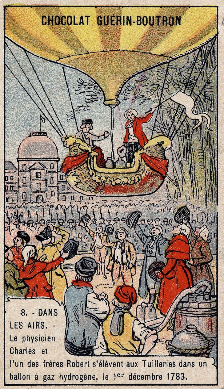 Ascensie in een waterstofgasballon van de Franse luchtvaart Charles en Robert le Jeune, gemaakt in Parijs, in de Tuilerieën Tuin. 1 december door Unknown artist