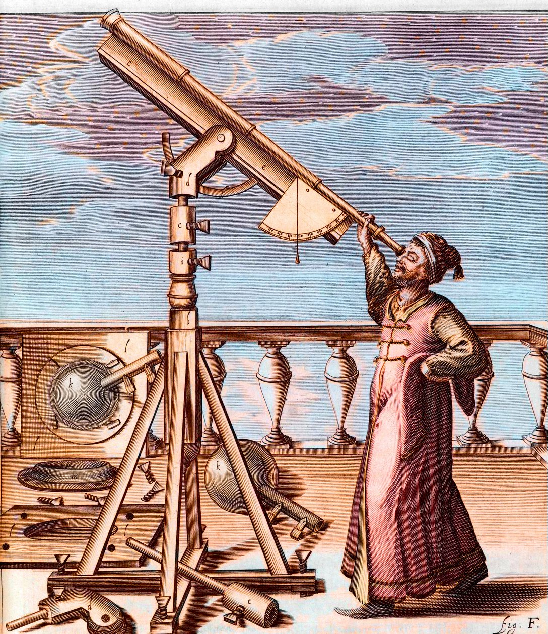 Astronoom observeert de hemel met een telescoop - uit: Johannes Hevelius (1611-1687), Selenographia, sive Lunae descriptio (Selenografie, of Een Beschrijving van de Maan) door Unknown artist